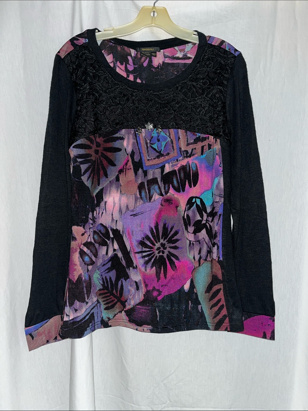 Radzoli Black Long Sleeve Top with Purple & Pink Floral Front